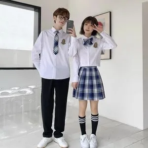 Summer Cotton Lapel Embroidery Long-Sleeved Shirts for Junior Elementary Shirt Bow Tie Uniforms
