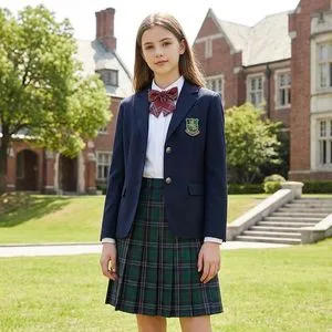 Classic British School Uniform for Girls Navy Double-Breasted Blazer, Green Plaid Pleated Skirt, and Red Plaid Bow Tie