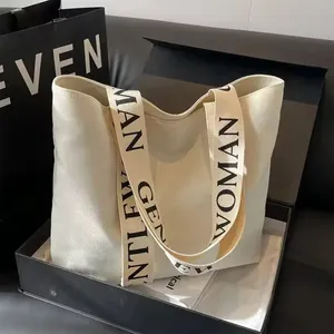Custom Logo Letter Handle Cream Black Canvas Cotton Shopper Gift Promotional Shopping Tote Bag