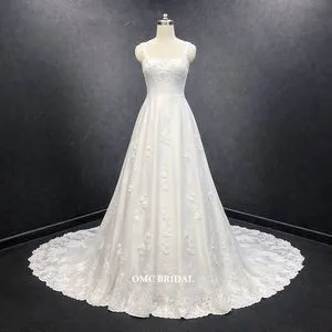 Tiger Hill White Satin Square Neck A-Line Wedding Dress with Lace Train