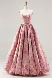 Romantic Strapless Floral Jacquard Corset Ball Gown Floor Length Sexy Full Dresses