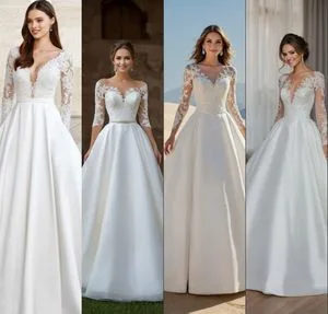 Lace Bridal Gowns Long Sleeves Simple Satin Wedding Dress Lb8019