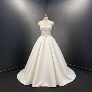 Tiger Hill White Strapless Satin A-Line Wedding Dress with Lace Bodice & Train