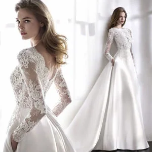 Fashion Satin Lace Applique Bridal Wedding Dress with Long Sleeves