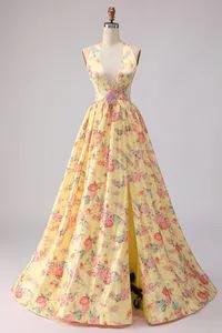 Cicinia Yellow Prom Dresses Long Printed Fabric A-Line Deep V-Neck Halter Backless Evening Dress Prom Dress Sexy Dress Vestido De Noche Girl Dress