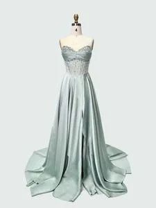 Glamorous Strapless Beaded Corset Satin A Line Train Floor Length Sexy Full Dresses
