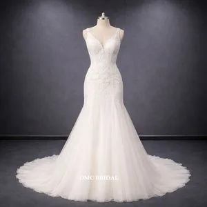 Ivory V-Neck Beaded Lace Mermaid Wedding Dress with Tulle Train