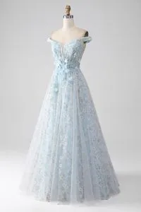 Sexy Sky Blue off Shoulder 3D Floral Embroidery Sheer Corset Tulle Cocktail Party Full Dresses Girl Dress