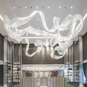 Customized 3D Art Ribbon Shape Decorative Glass Pendant Light Large Glass Chandeliers Hotel Lobby Villa