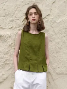 Women Sleeveless Crew Neck Peplum Crop Top Pleated Hem Loose Casual Blouse Top