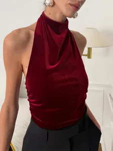 Velvet Sleeveless Halter Cowl Neck Crop Top Women Ruched Slim Party Blouse