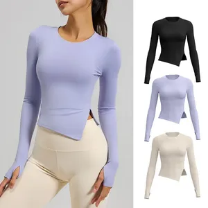 Quick Dry Long Sleeve Fitness Top Women Gym Irregular Tshirts Tight-Fitting Workout Outfit