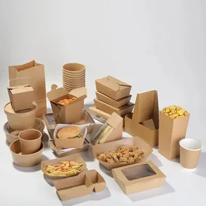 Takeaway Fast Food Packaging Containers Salad Box Restaurant Recycled Disposable Brown Kraft Paper Lunch Boxes with Lid