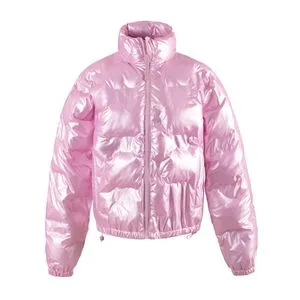 Women's Shiny Puffer Jacket, High Neck Zip-up Short Puffer Coat for Winter Fashion