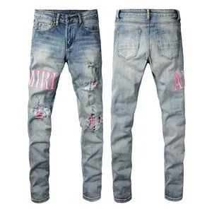 Am High Street Jeans Letter Leather Embroidery Trendy Brand Elastic Slim Jeans Men's Vintage Washed Pants Hip Hop Style Jeans Clothes
