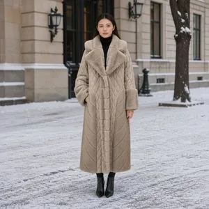 High-End Factory Beige Hooded Faux Mink Fur Coat Women Long Sleeve Winter Warm Jacket with Quilted Pattern
