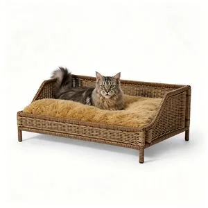 Moisture Proof Elevated High Leg Pet Sofa Natural Bamboo Rattan Woven Breathable Cool Structure Comfort Soft Pad Long Lasting Use for Pet Families